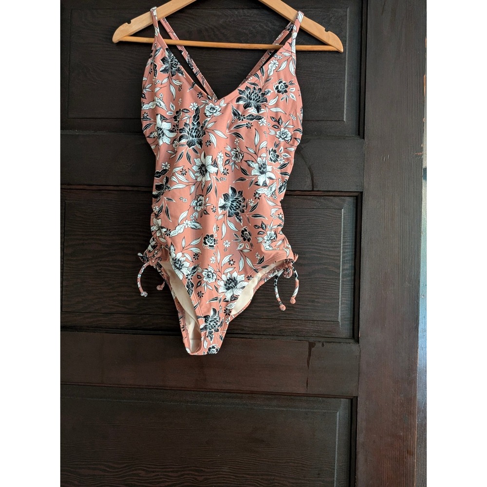 Kona Sol Mauve Floral One Piece Swimsuit Cinch Side Medium NWT